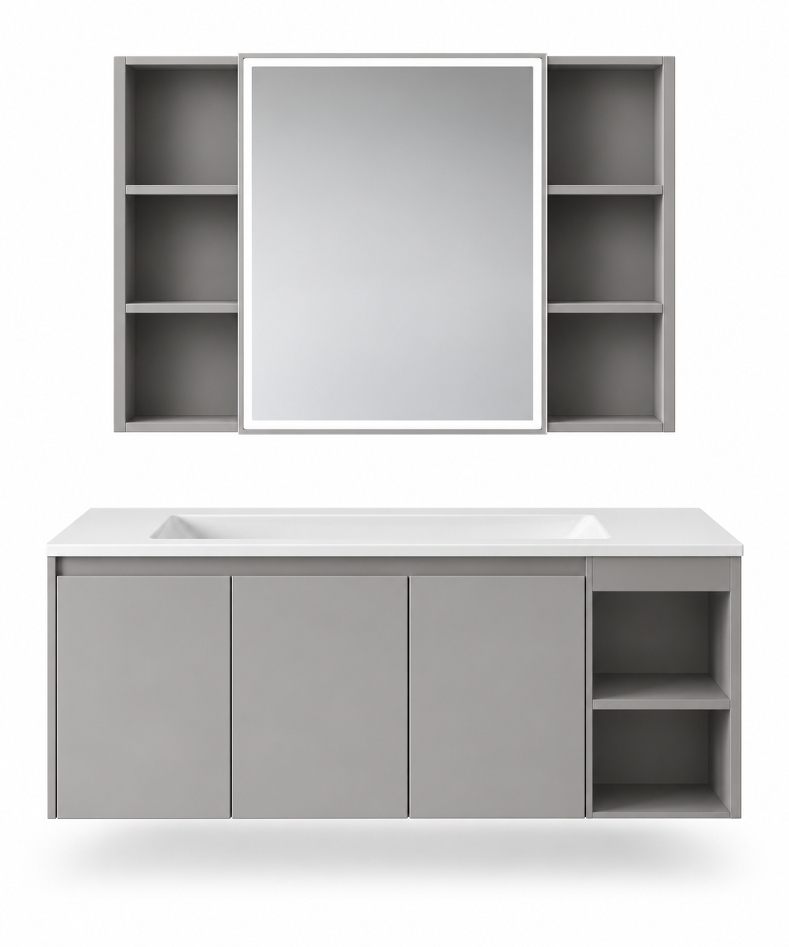 NB-503A-1000 vanity cabinet, basin and matching mirror on white background