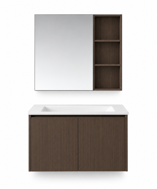 NB-505-800 vanity cabinet, basin and matching mirror on white background