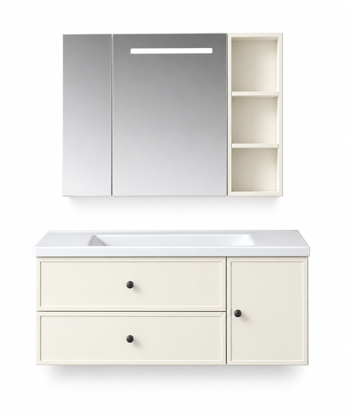 NB-507A-1000 vanity cabinet, basin and matching mirror on white background