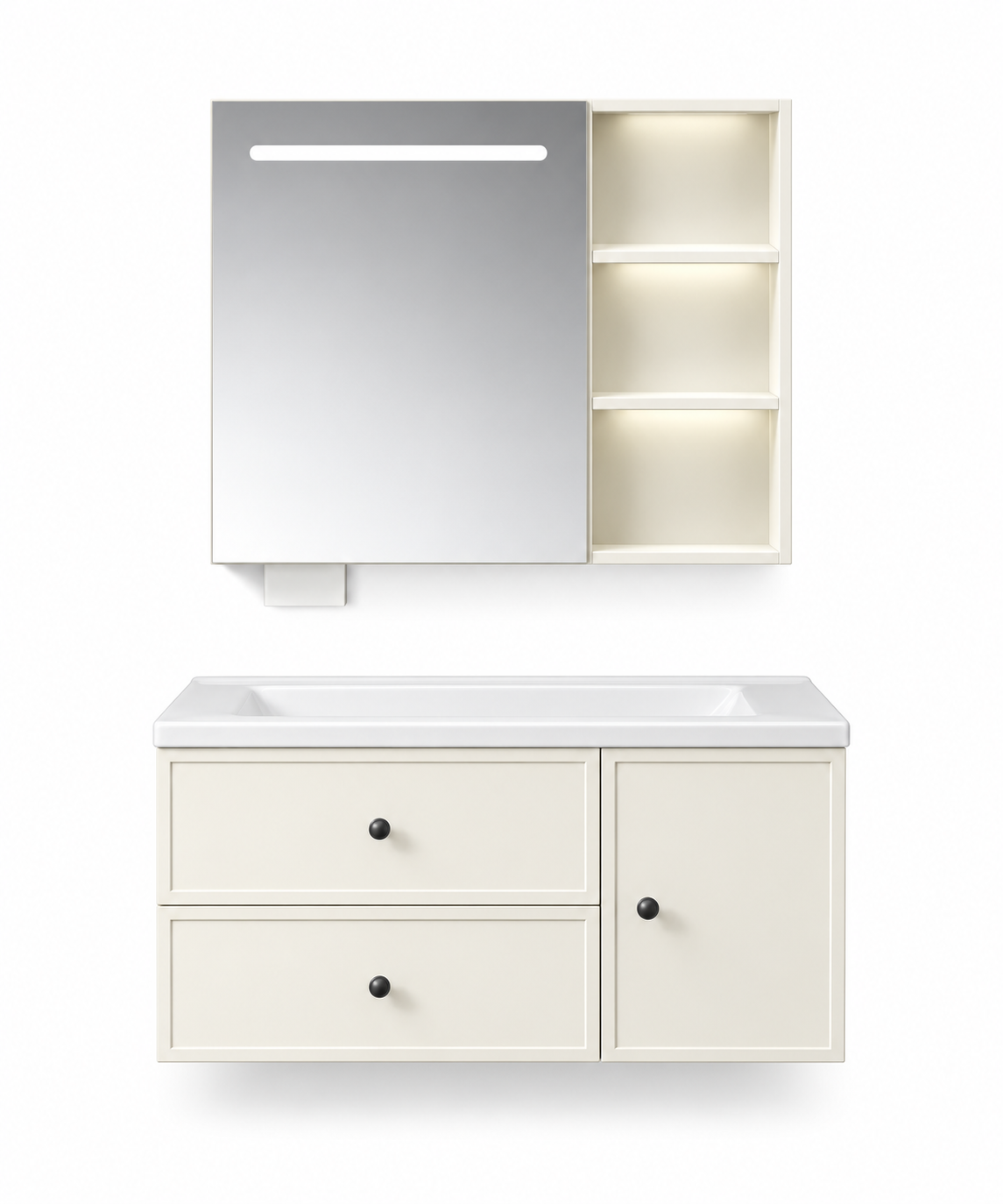 NB-507A-900 vanity cabinet, basin and matching mirror on white background