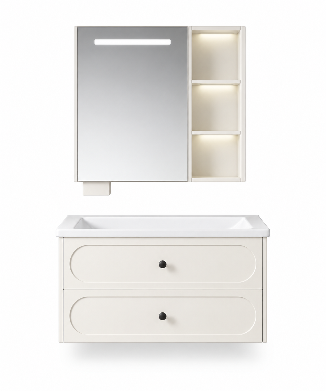 NB-508A-800 vanity cabinet, basin and matching mirror on white background