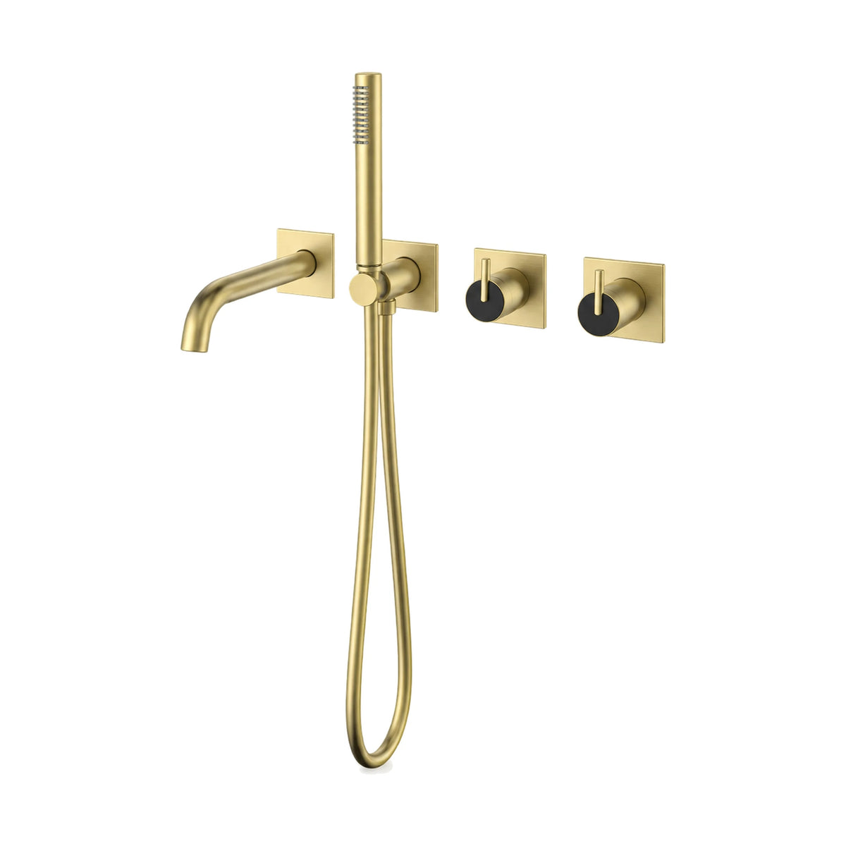 Brushed gold wall mount tub filler on square plates with black-accent valves and handheld — SANIKB SO1016F 22 43 1-1