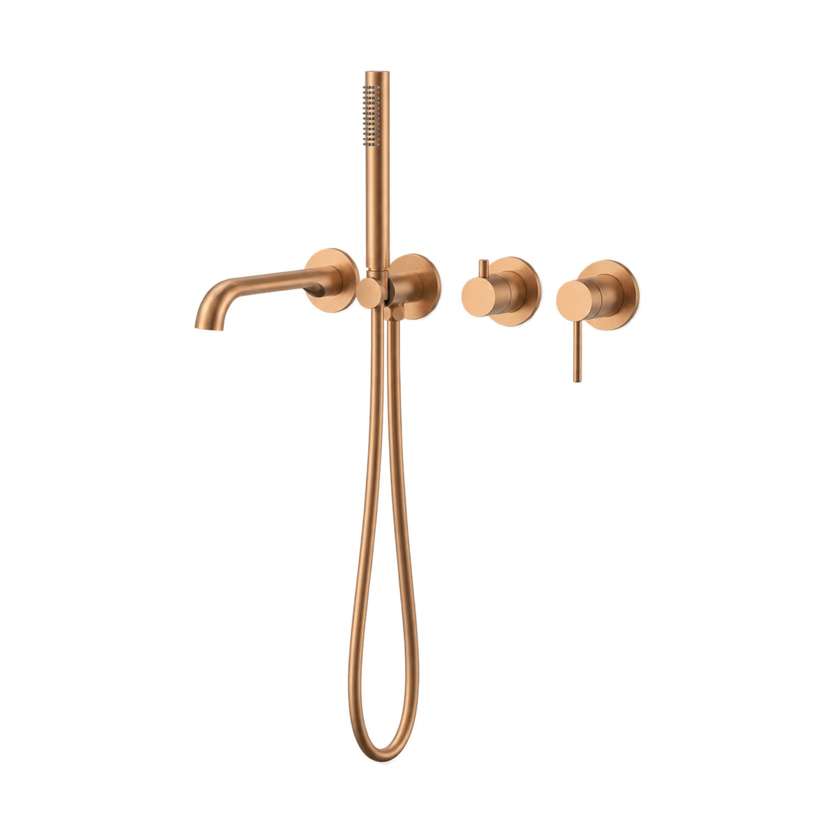 Brushed rose gold wall mount tub filler with curved tube spout, slim handheld and pin lever — SANIKB SO1032 23 36 2