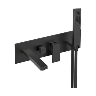 Matte black wall mount tub filler with flat angular spout, square lever and square handheld — SANIKB SO596A 22 01 1