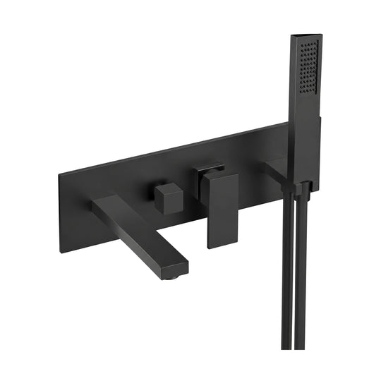 Matte black wall mount tub filler with flat angular spout, square lever and square handheld — SANIKB SO596A 22 01 1