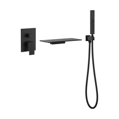 Matte black wall mount tub filler with open waterfall shelf spout, square valve and handheld — SANIKB SO522H 22 BC 001 31 1