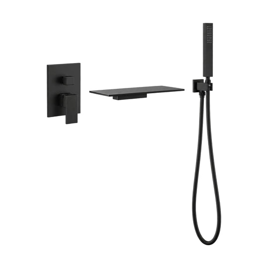 Matte black wall mount tub filler with open waterfall shelf spout, square valve and handheld — SANIKB SO522H 22 BC 001 31 1