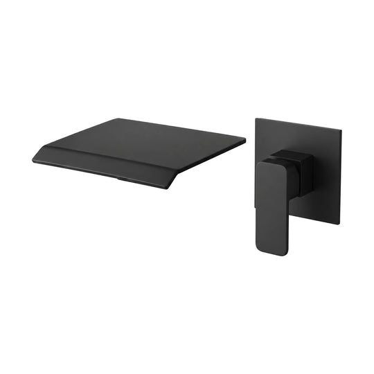 Matte black wall mount tub filler with wide curved-lip waterfall spout and square lever plate — SANIKB SO522I 21 C 003 31 1
