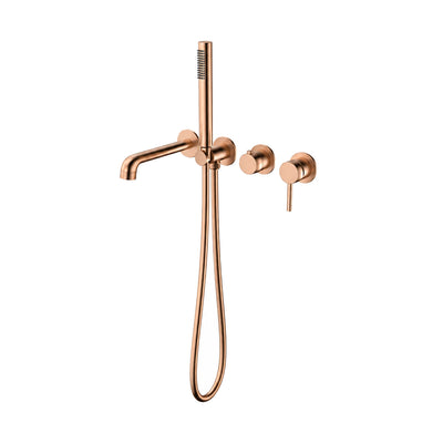 Rose gold wall mount tub filler with tube spout, handheld, knob and pin-lever valve on round rosettes — SANIKB SO1017 22 36 1-1