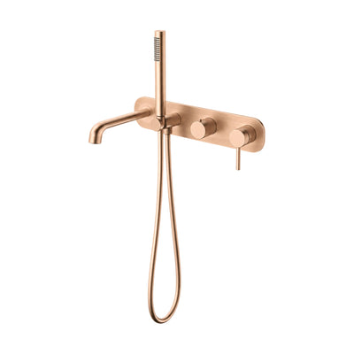 Rose gold wall mount tub filler with tube spout, handheld and valves on one long backplate — SANIKB SO1017F 22 36 1-1