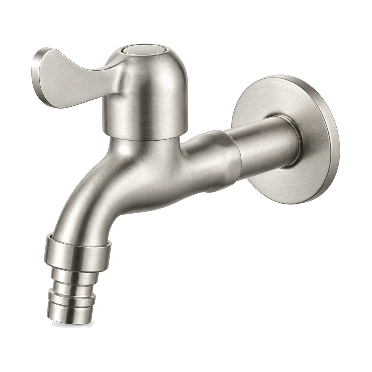 Brushed nickel cold water wall tap with wing lever, hose-tip spout and large round flange — SANIKB DL-02 216-NY