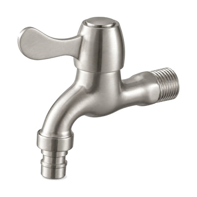 Brushed nickel cold water wall tap with wing lever on domed cap and ribbed hose-tip spout — SANIKB DL-02 220-NY