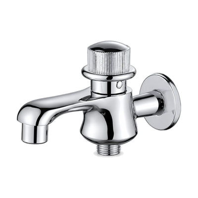 Chrome cold water wall tap with ridged top knob, short curved spout and second threaded outlet — SANIKB DL-02 208-CP