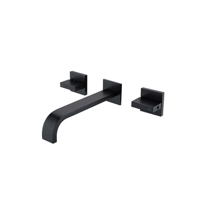 Matte black wall-mount bathroom faucet, brass body, angular curved ribbon spout with square dual handles — SANIKB FYF-01042.