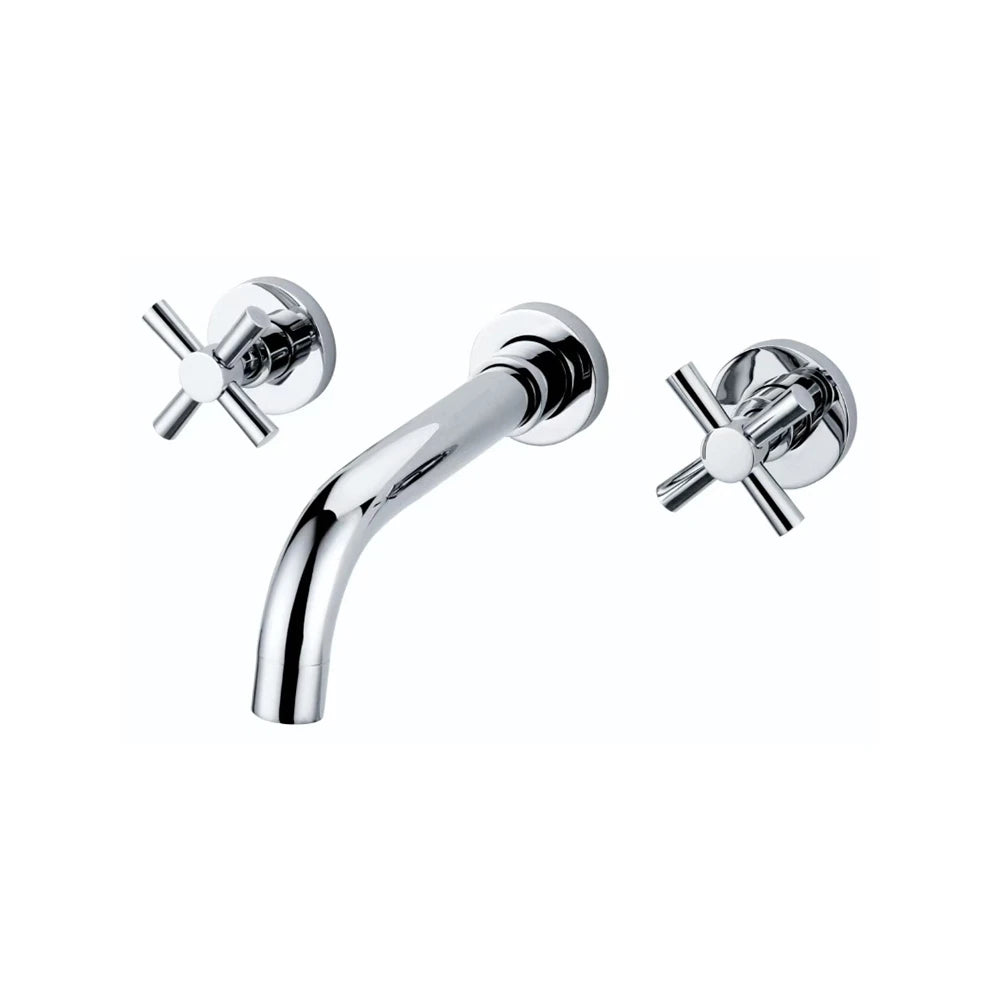 Chrome widespread wall-mounted bathroom faucet, solid brass, twin cross handles, gooseneck spout — SANIKB FYF-01046.