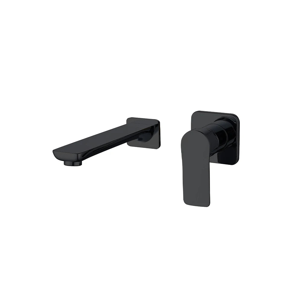 Matte black wall-mounted bathroom faucet, brass body, single-lever mixer with tapered spout — SANIKB FYF-01058.