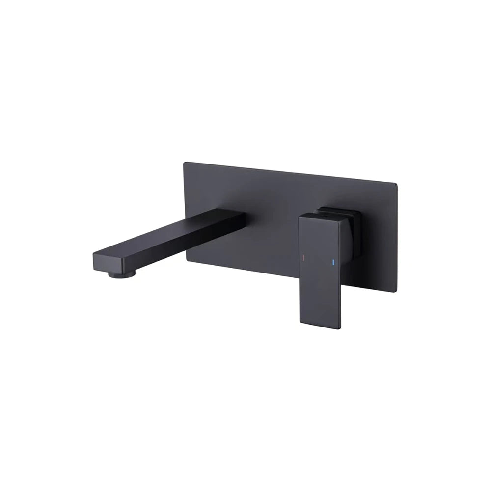 Matte black wall-mount bathroom basin faucet, brass, cubic spout with single square lever — SANIKB FYF-01041.