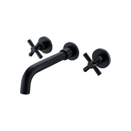 Matte black wall-mount bathroom basin faucet, brass body, cross handles and curved spout — SANIKB FYF-01046.