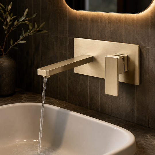 Brass wall-mounted bathroom basin faucet in a styled bathroom scene | SANIKB OEM/ODM FYF-01041