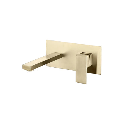Brushed gold wall-mount bathroom basin faucet, solid brass, flat square spout and lever — SANIKB FYF-01041.