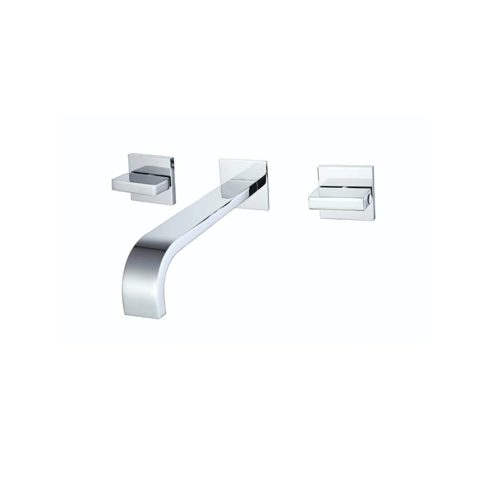 Polished chrome wall-mount bathroom faucet for vanity, brass body, flat ribbon spout, square lever handles — SANIKB FYF-01042.