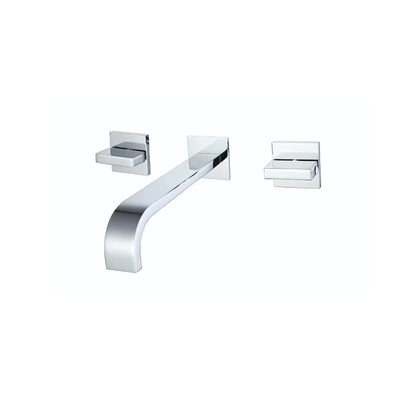 Polished chrome wall-mount bathroom faucet for vanity, brass body, flat ribbon spout, square lever handles — SANIKB FYF-01042.