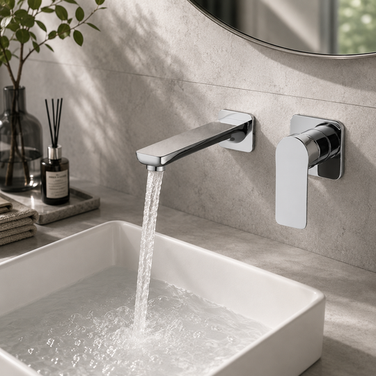 Brass wall-mounted bathroom basin faucet in a styled bathroom scene | SANIKB OEM/ODM FYF-01058