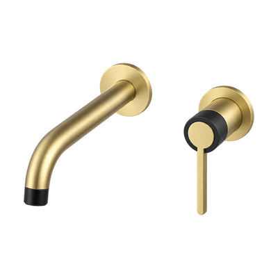 Brushed gold wall mount faucet with black-tipped curved spout and slim lever on black knurled collar — SANIKB B1025 28 47 2