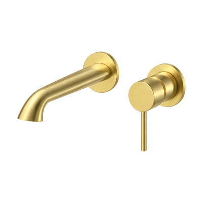 Brushed gold wall mount bathroom faucet with curved tube spout and ribbed valve body — SANIKB B1006 28 43 1