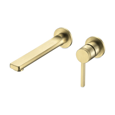 Brushed gold wall mount bathroom faucet with flat rectangular spout and flat lever — SANIKB B1003 28 43 1