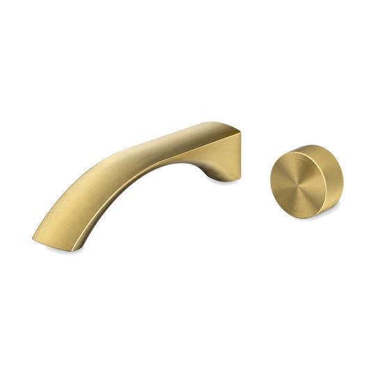 Brushed gold wall mount basin set with sculpted curved tapering spout and round knurled knob — SANIKB B030 28 43 1