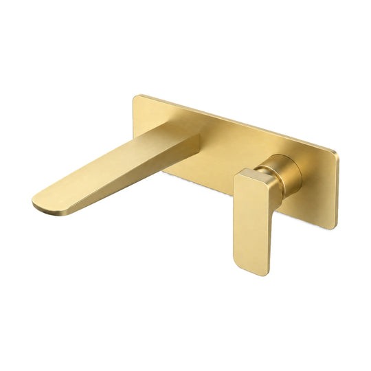 Brushed gold wall mount basin mixer with flat blade spout and flat lever on rounded-rectangle plate — SANIKB B1007 27 43 1