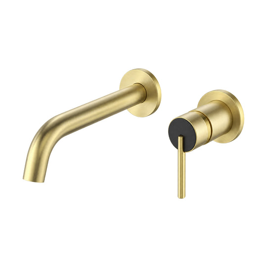Brushed gold two-piece wall mount faucet with curved tube spout and black-face round valve with pin lever — SANIKB B1016 28 43 1