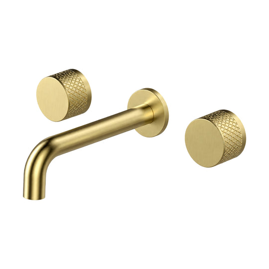 Brushed gold three-hole wall mount faucet with bent tube spout between two knurled round knobs — SANIKB B056C 06 43 1