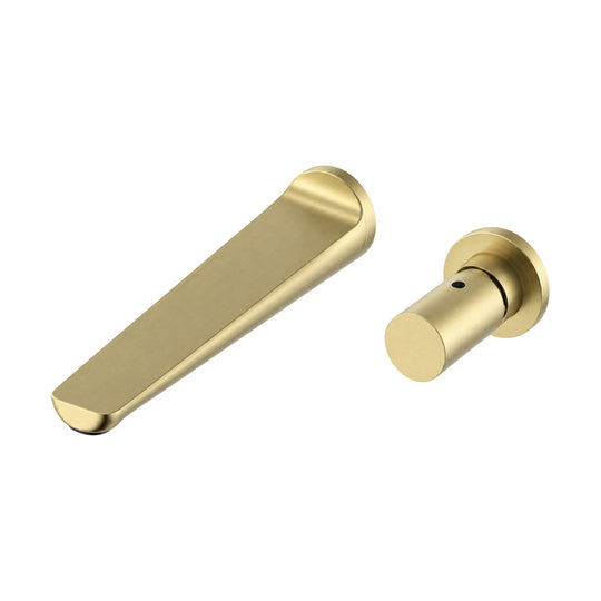 Brushed gold wall mount faucet with angled flat spout and smooth cylindrical knob on round escutcheon — SANIKB B099 28 43 1