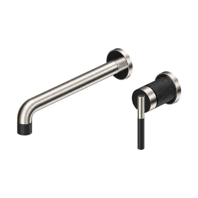Brushed nickel wall mount bathroom faucet with tube spout and black textured valve sleeve — SANIKB B743 28 63 1