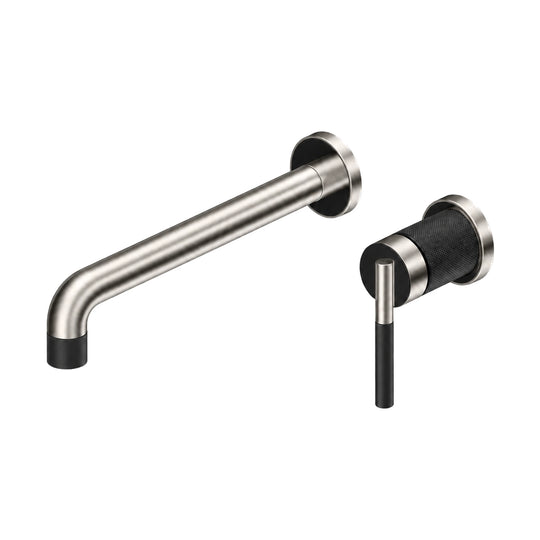 Brushed nickel wall mount bathroom faucet with tube spout and black textured valve sleeve — SANIKB B743 28 63 1