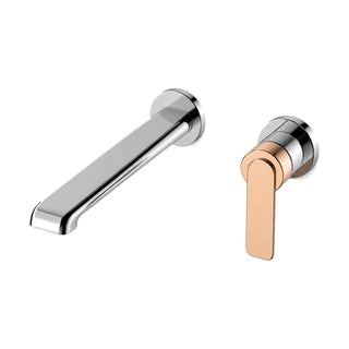 Chrome wall mount bathroom faucet with curved tube spout and rose gold lever — SANIKB B076C 28 74 1