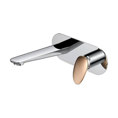 Chrome wall mount basin mixer with flat blade spout and oval rose gold paddle lever on rounded backplate — SANIKB B022 27 74 1
