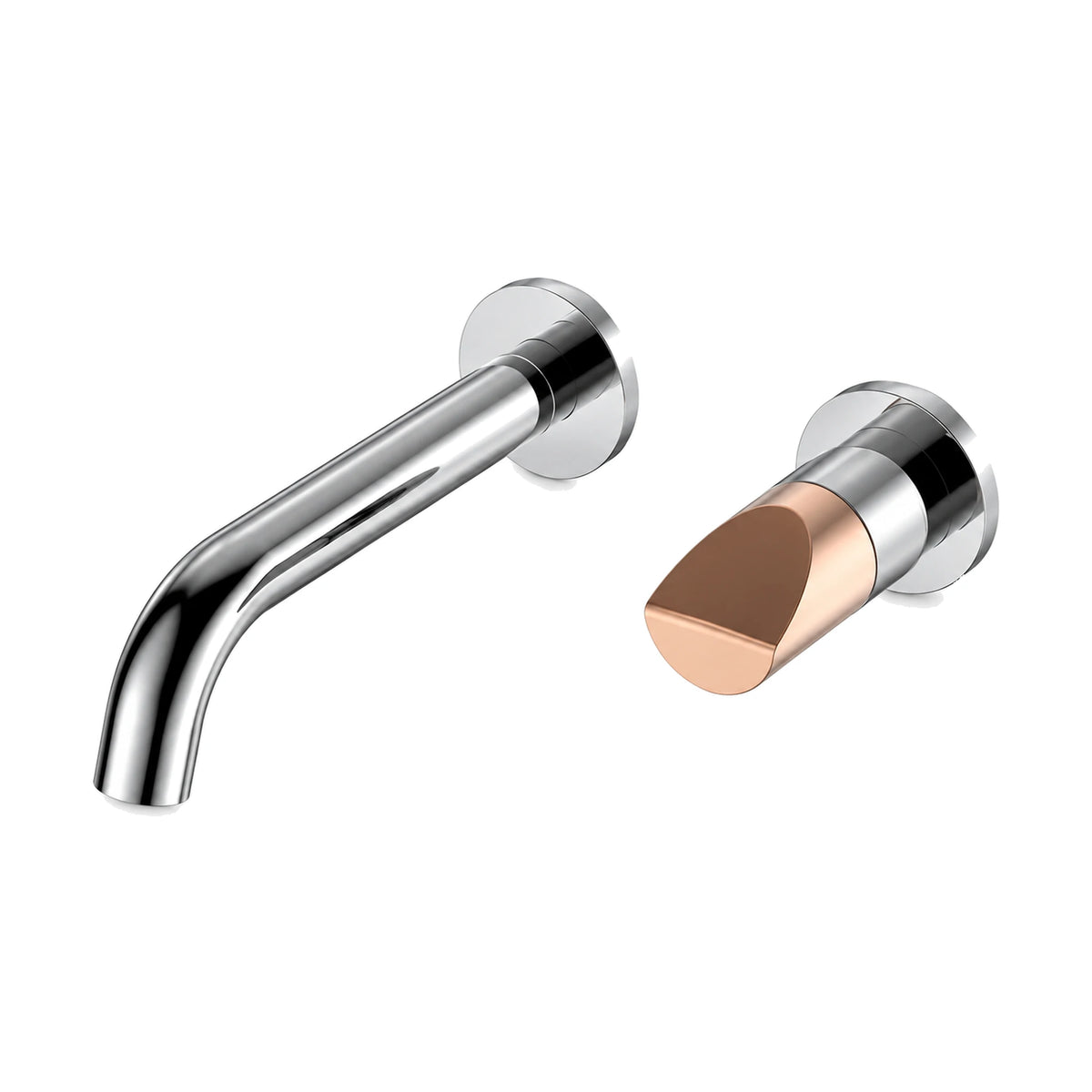 Chrome wall mount faucet with curved tube spout and rose gold slant-cut cylindrical knob on round rosette — SANIKB B1014 28 59 2