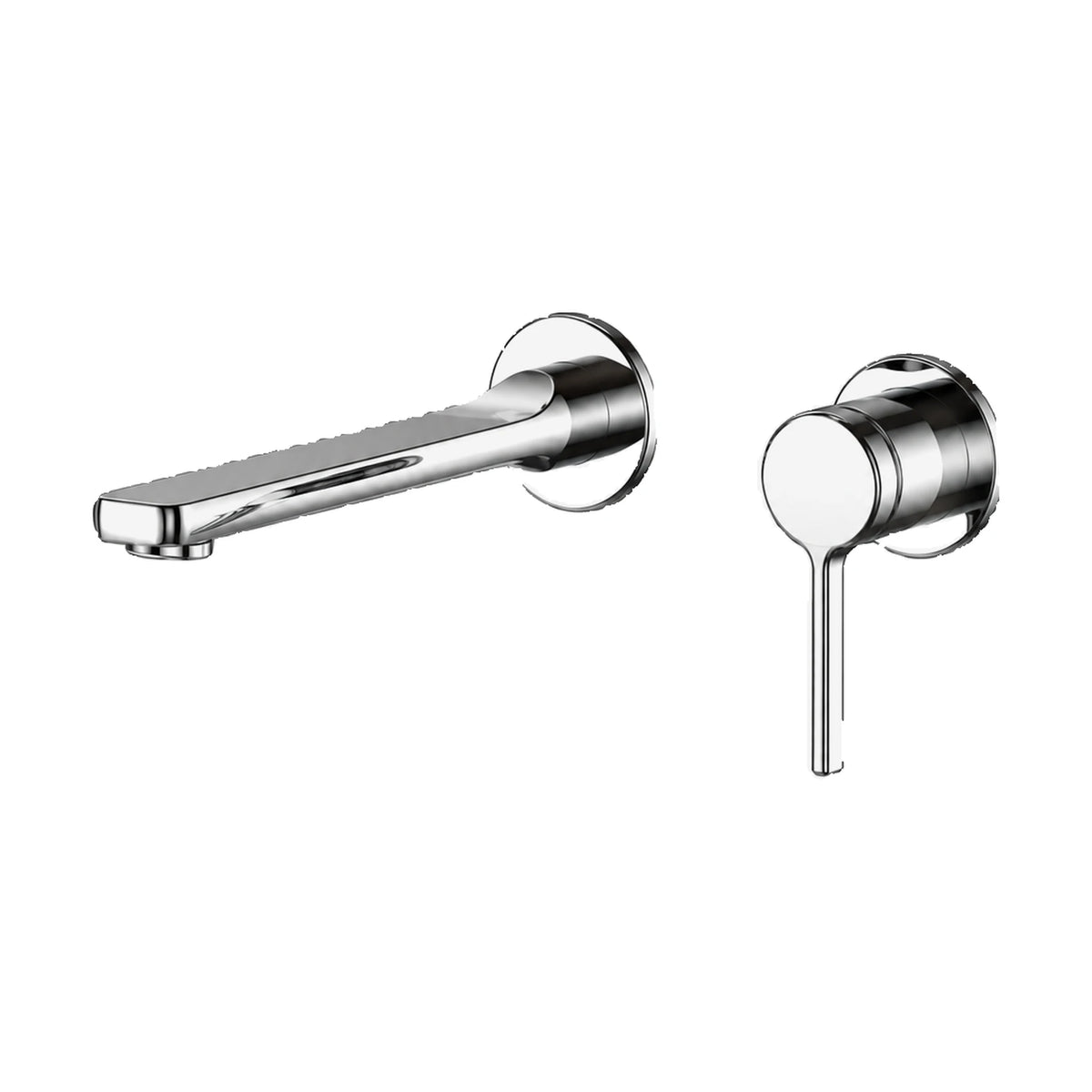 Chrome two-piece wall mount faucet with straight flat-tip spout and round valve with thin downward lever — SANIKB B064 28 01 1