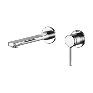 Chrome two-piece wall mount faucet with straight flat-tip spout and round valve with thin downward lever — SANIKB B064 28 01 1