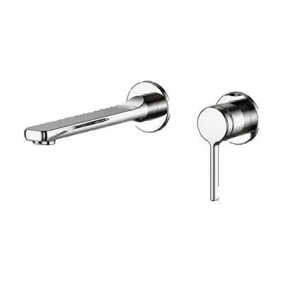 Chrome two-piece wall mount faucet with straight flat-tip spout and round valve with thin downward lever — SANIKB B064 28 01 1