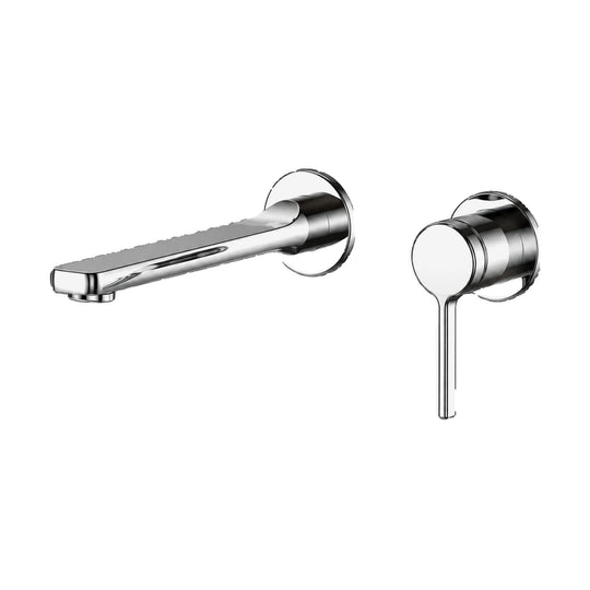 Chrome two-piece wall mount faucet with straight flat-tip spout and round valve with thin downward lever — SANIKB B064 28 01 1