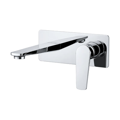 Chrome wall mount basin mixer with flat tapered spout and curved blade lever on rectangular backplate — SANIKB DL-01 414-CP