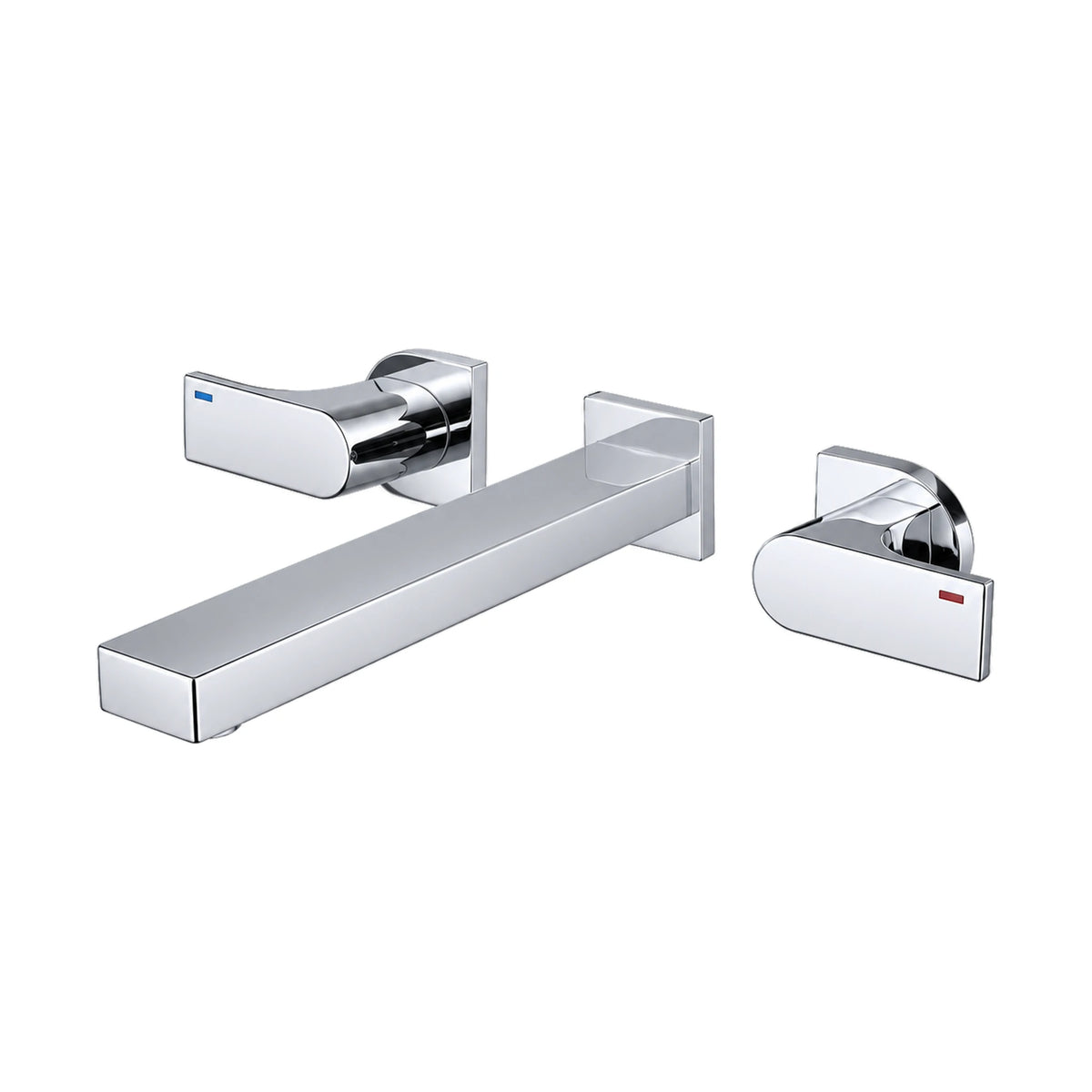 Chrome — Chrome three-piece wall mount faucet with long flat rectangular spout and two curved paddle levers — SANIKB DL-01 417-CP