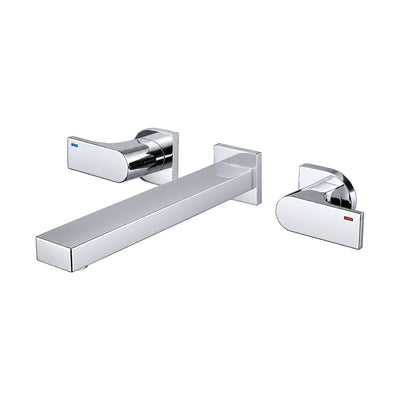 Chrome — Chrome three-piece wall mount faucet with long flat rectangular spout and two curved paddle levers — SANIKB DL-01 417-CP