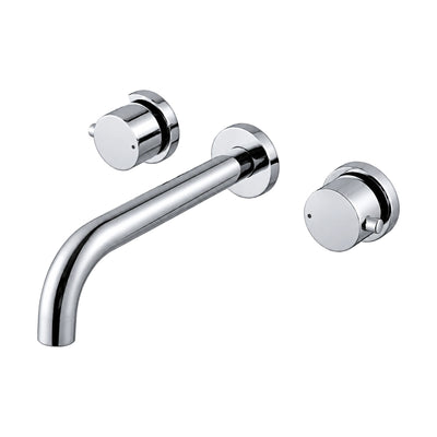 Chrome three-piece wall mount faucet with curved round tube spout and two cylindrical knobs on round plates — SANIKB DL-01 418-CP