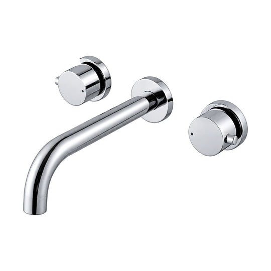 Chrome three-piece wall mount faucet with curved round tube spout and two cylindrical knobs on round plates — SANIKB DL-01 418-CP