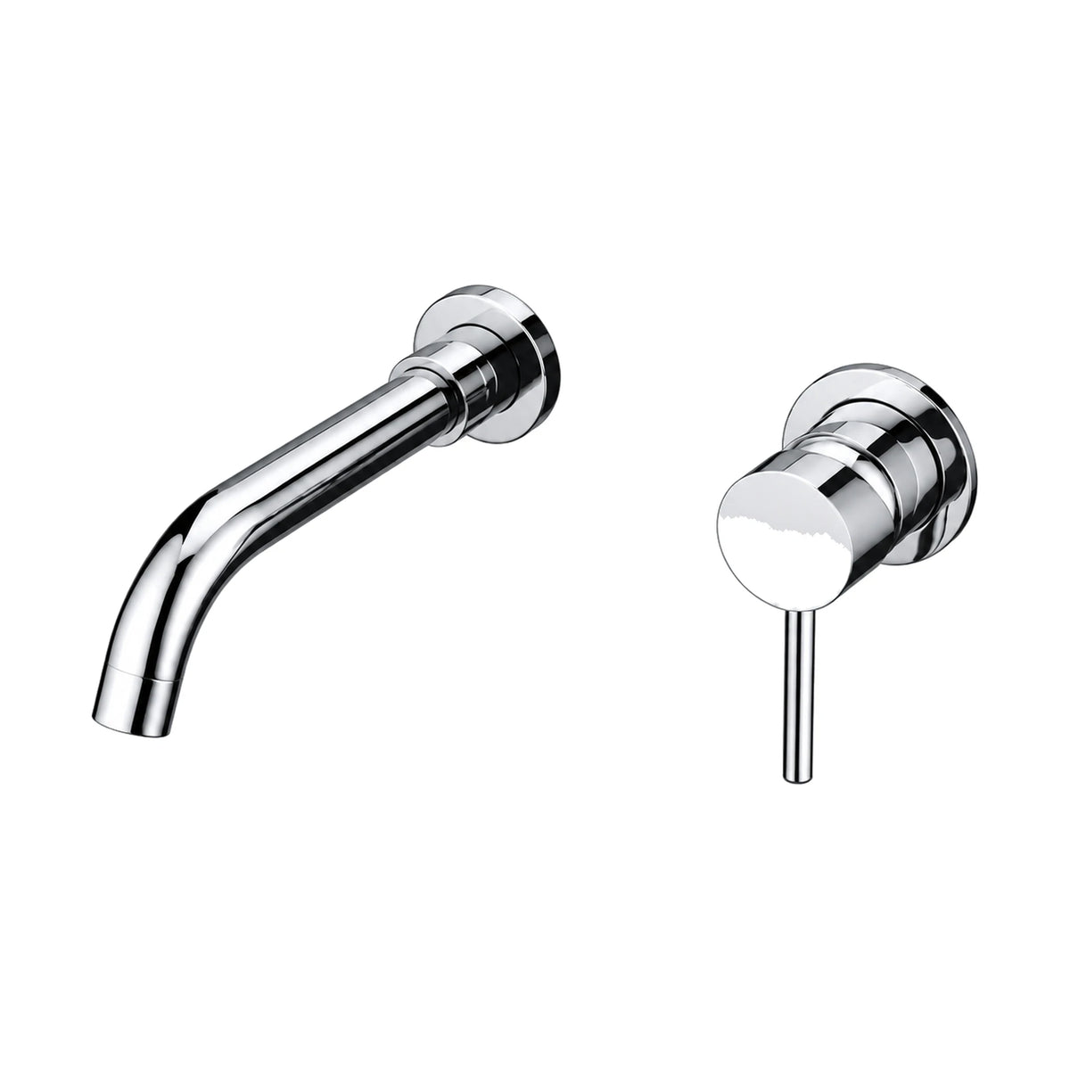 Two-piece wall mount bathroom faucet with curved tube spout and thin pin lever valve on round rosettes — SANIKB DL-01 410-CP